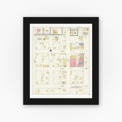 Old map wall art mockup — black gallery frame with white mat — Sanborn Fire Insurance Map from De Leon, Comanche County, Texas (1911), Sheet #0002