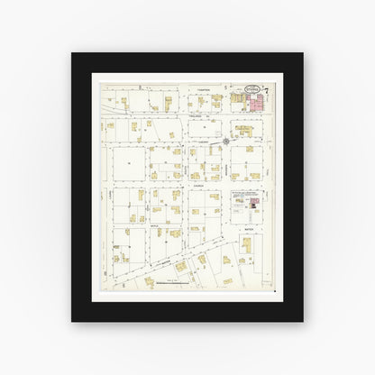 Old map wall art mockup — black gallery frame with white mat — Sanborn Fire Insurance Map from Starke, Bradford County, Florida (1912), Sheet #0007
