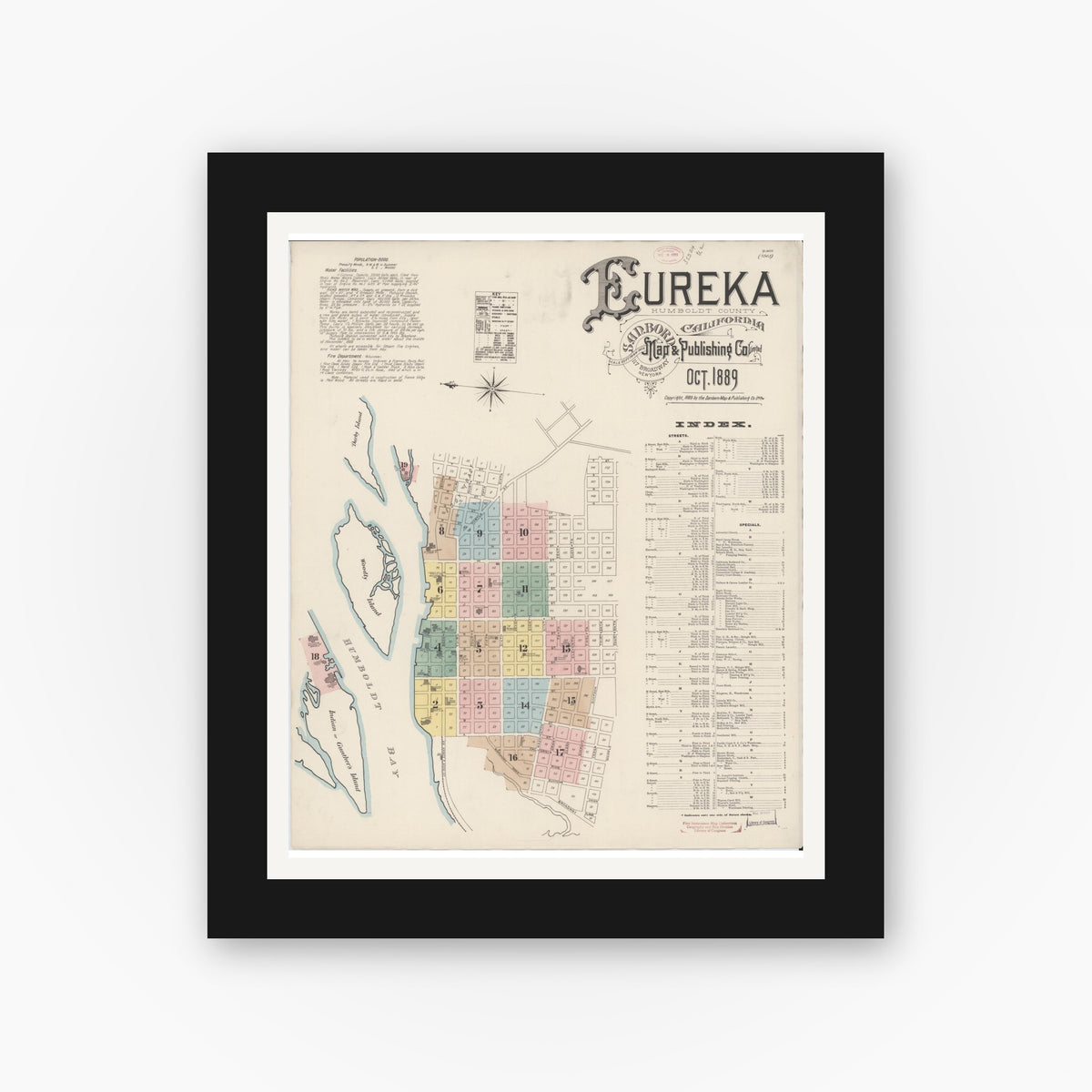 Old map wall art mockup — black gallery frame with white mat — Sanborn Fire Insurance Map from Eureka, Humboldt County, California (1889) - Complete Map Set