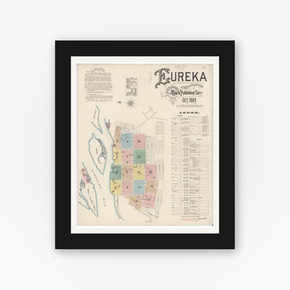 Old map wall art mockup — black gallery frame with white mat — Sanborn Fire Insurance Map from Eureka, Humboldt County, California (1889) - Complete Map Set