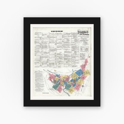 Old map wall art mockup — black gallery frame with white mat — Sanborn Fire Insurance Map from Stroudsburg, Monroe County, Pennsylvania (1923) - Complete Map Set
