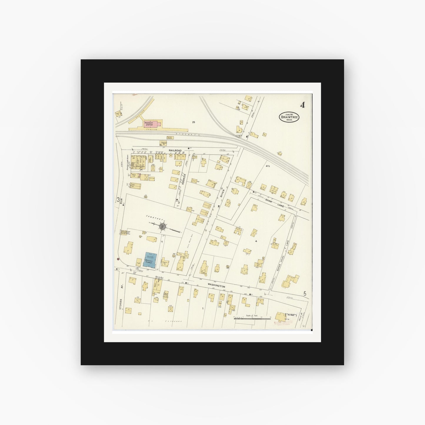 Old map wall art mockup — black gallery frame with white mat — Sanborn Fire Insurance Map from Braintree, Norfolk County, Massachusetts (1911), Sheet #0004