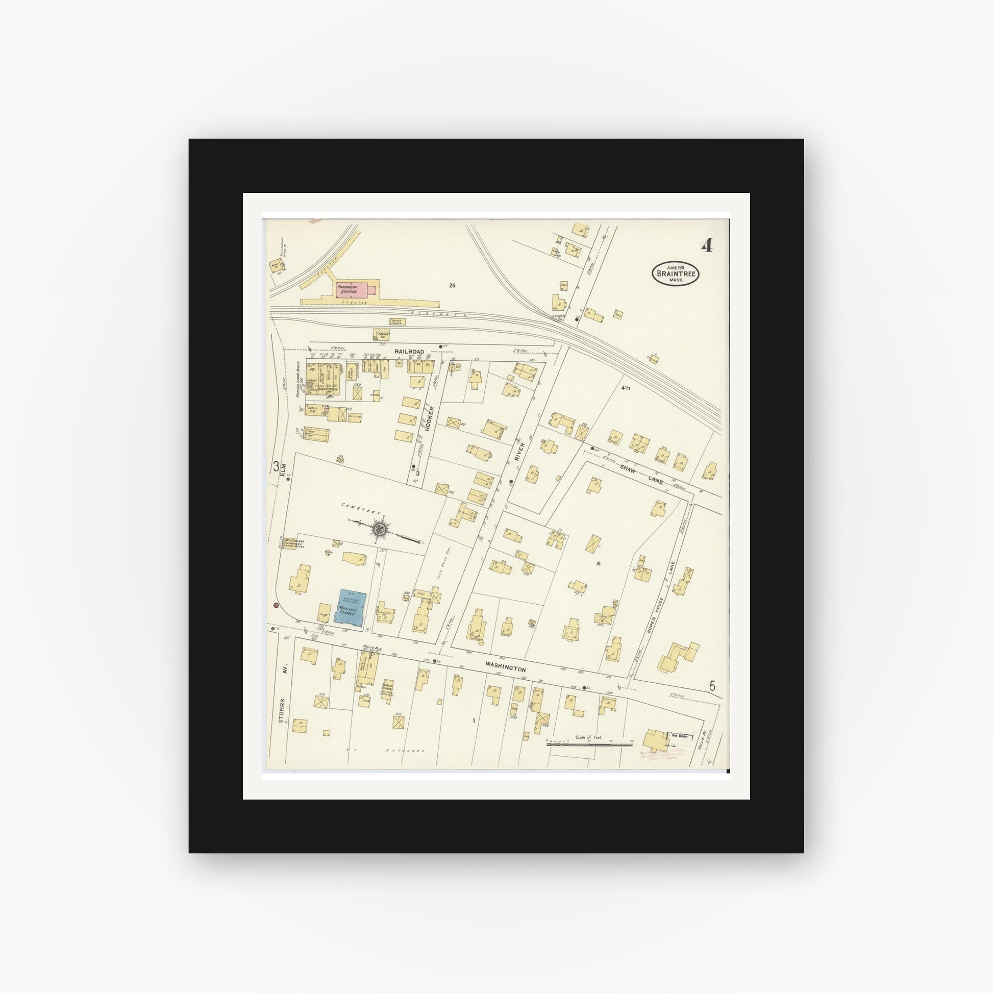 Old map wall art mockup — black gallery frame with white mat — Sanborn Fire Insurance Map from Braintree, Norfolk County, Massachusetts (1911), Sheet #0004