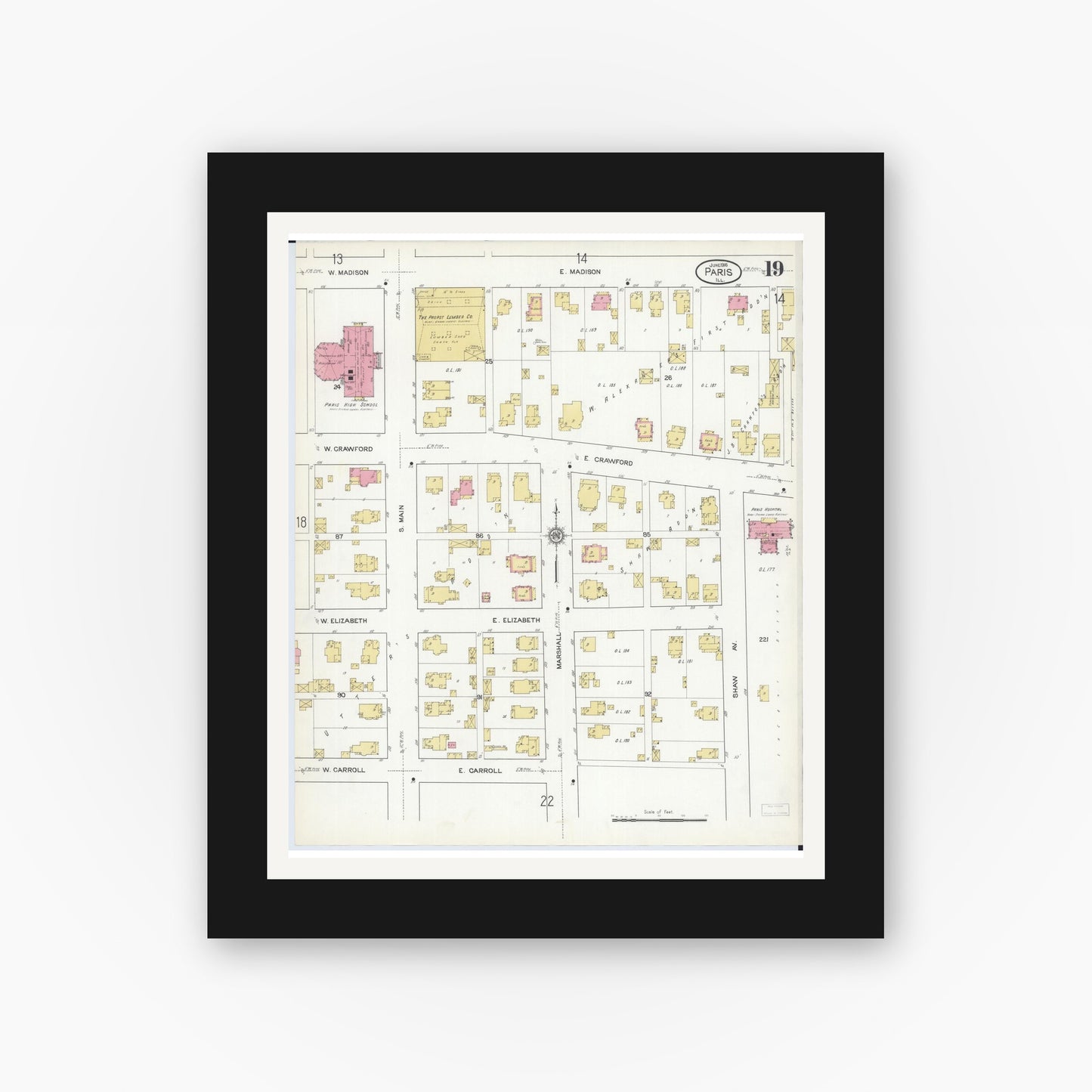 Old map wall art mockup — black gallery frame with white mat — Sanborn Fire Insurance Map from Paris, Edgar County, Illinois (1916), Sheet #0019