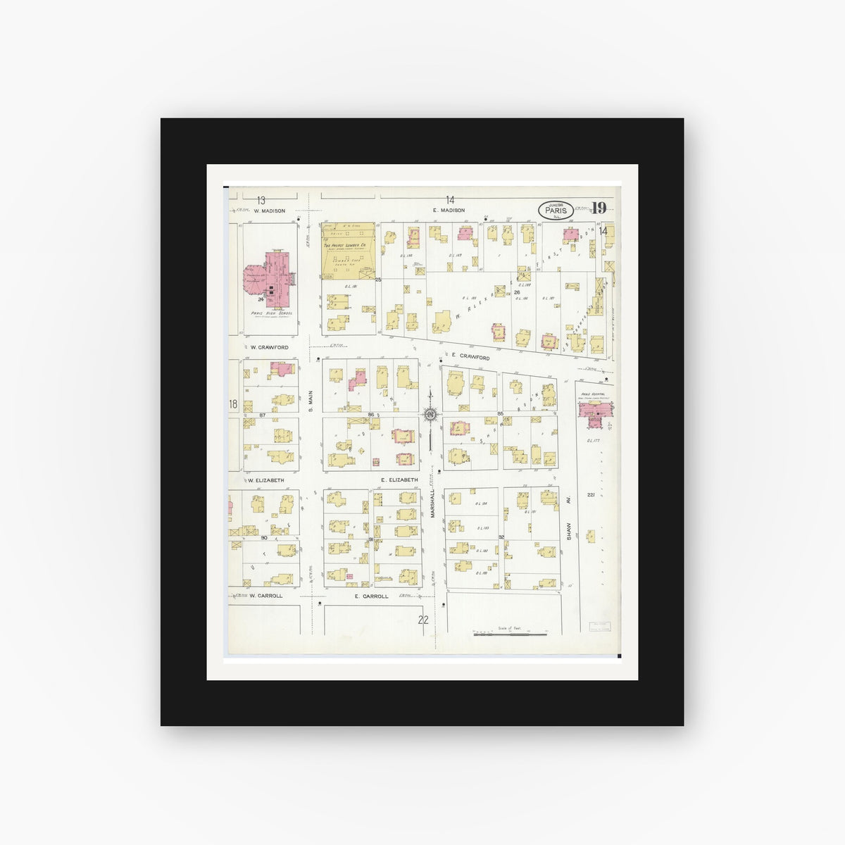 Old map wall art mockup — black gallery frame with white mat — Sanborn Fire Insurance Map from Paris, Edgar County, Illinois (1916), Sheet #0019