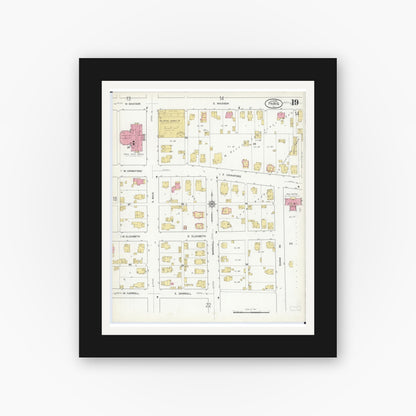 Old map wall art mockup — black gallery frame with white mat — Sanborn Fire Insurance Map from Paris, Edgar County, Illinois (1916), Sheet #0019