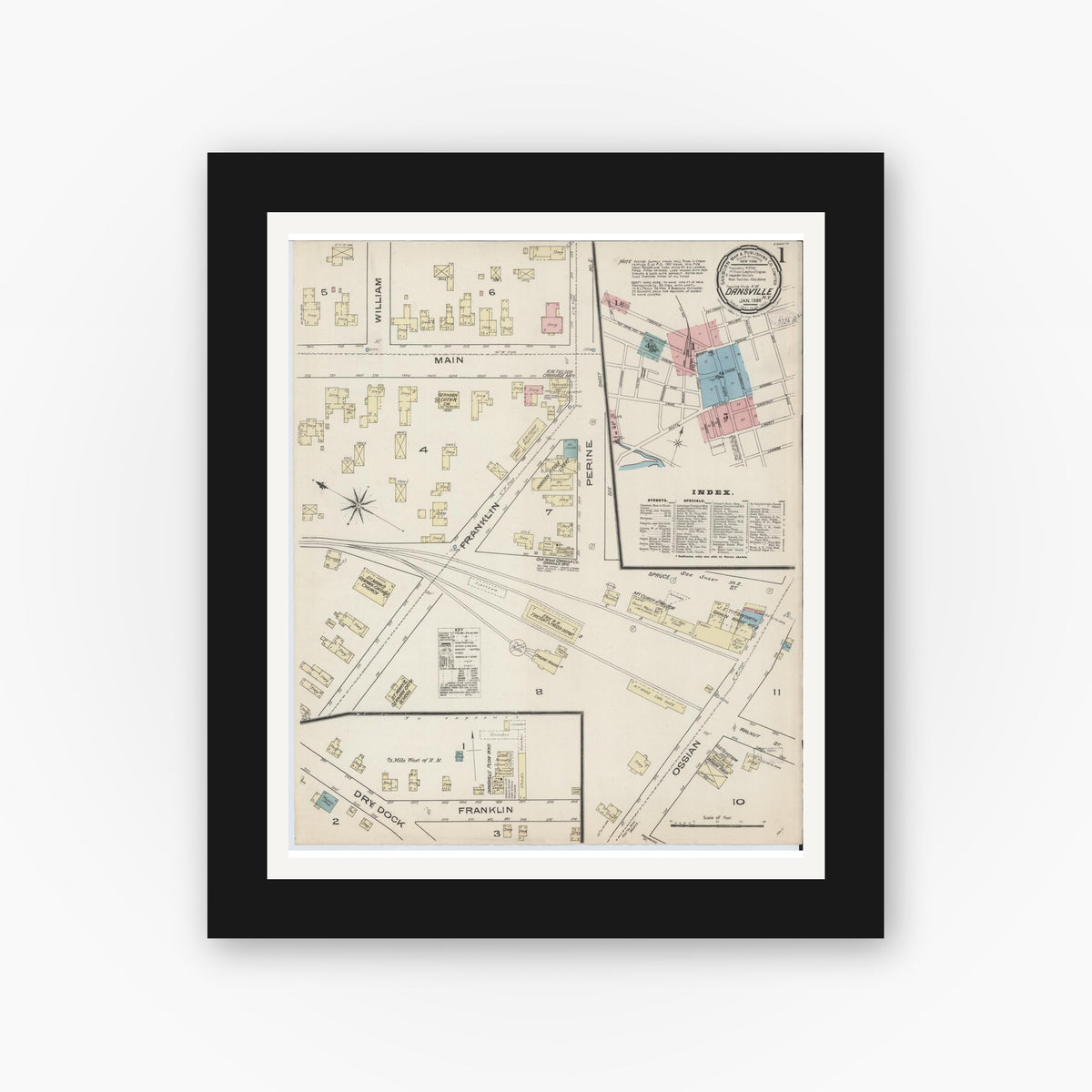 Old map wall art mockup — black gallery frame with white mat — Sanborn Fire Insurance Map from Dansville, Livingston County, New York (1886), Sheet #0001