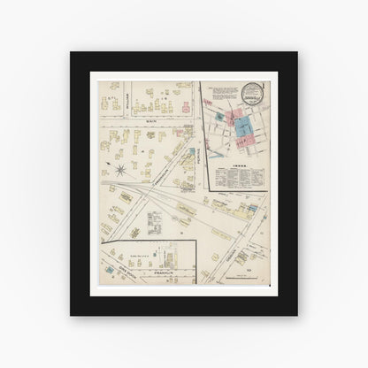 Old map wall art mockup — black gallery frame with white mat — Sanborn Fire Insurance Map from Dansville, Livingston County, New York (1886), Sheet #0001