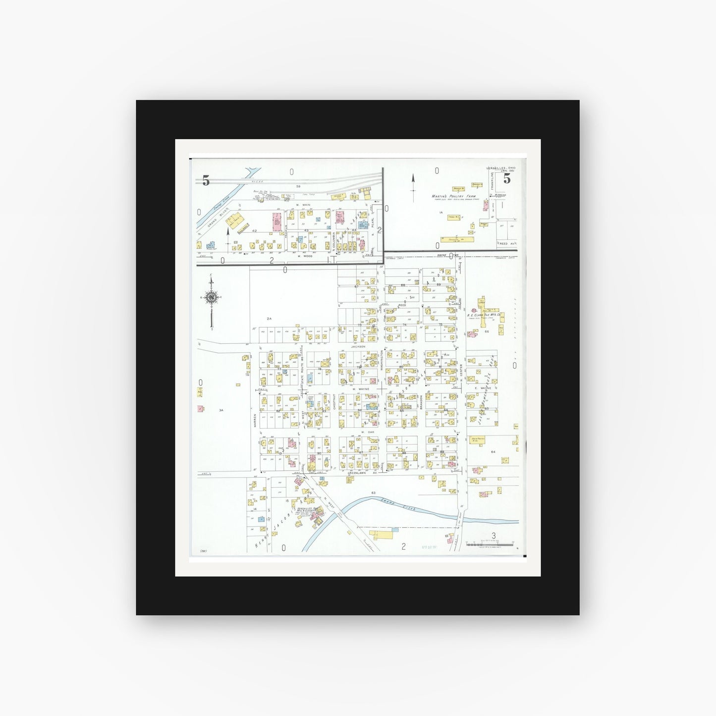 Old map wall art mockup — black gallery frame with white mat — Sanborn Fire Insurance Map from Versailles, Darke County, Ohio (1951), Sheet #0005