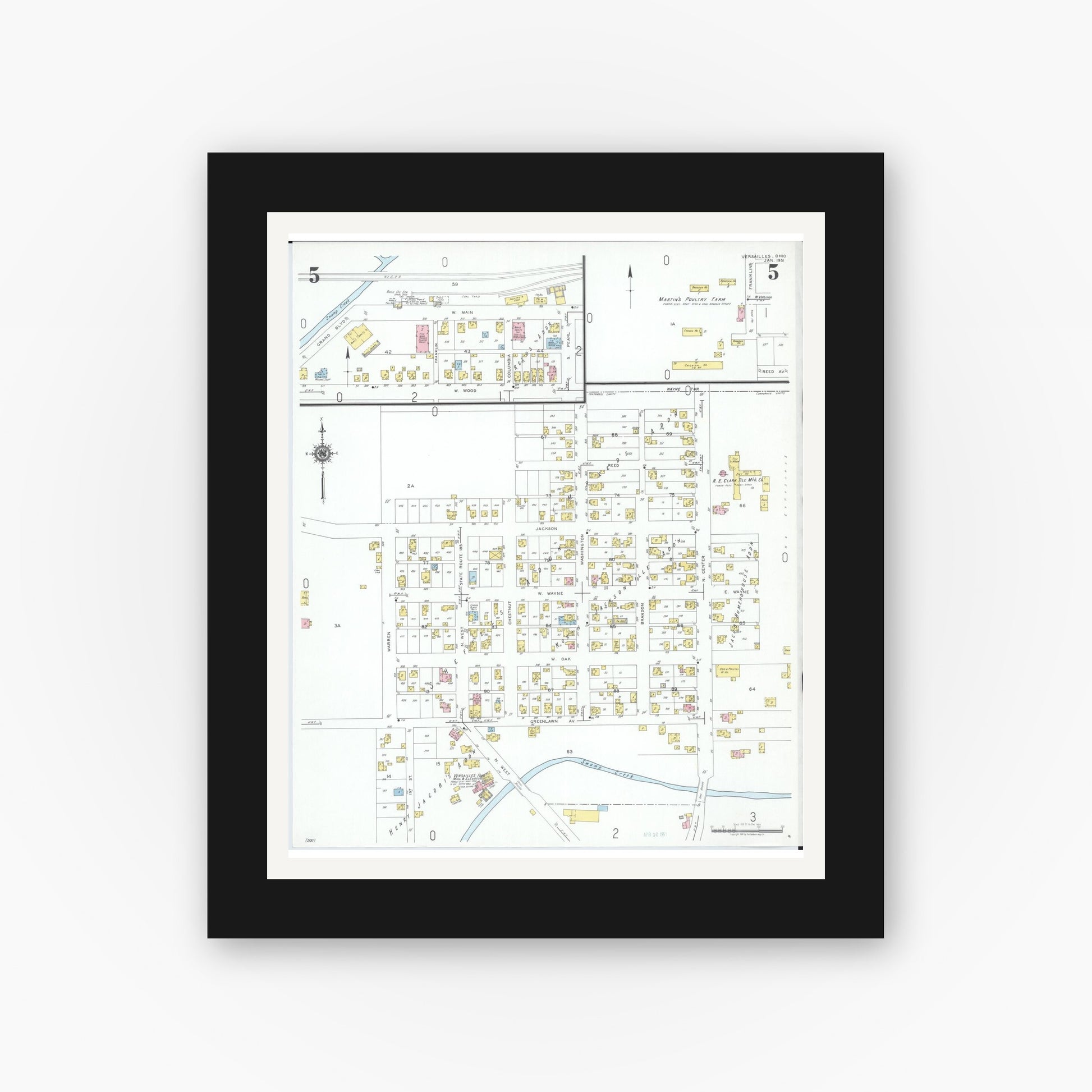 Old map wall art mockup — black gallery frame with white mat — Sanborn Fire Insurance Map from Versailles, Darke County, Ohio (1951), Sheet #0005