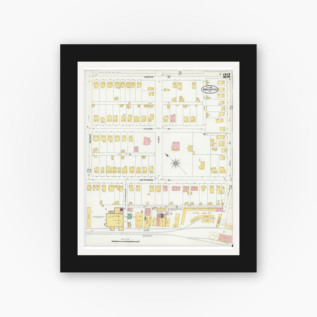 Old map wall art mockup — black gallery frame with white mat — Sanborn Fire Insurance Map from Washington, Washington County, Pennsylvania (1904), Sheet #0022