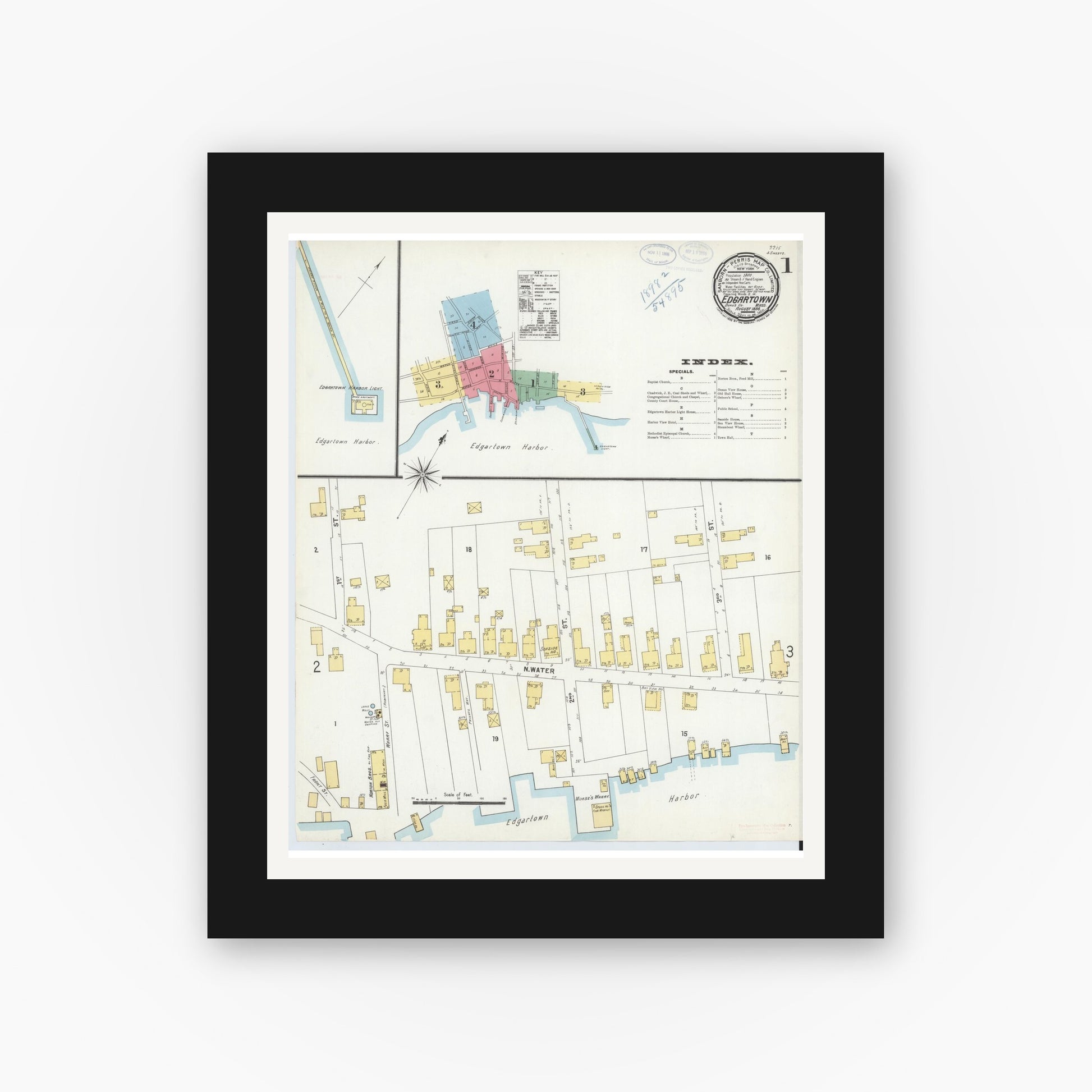 Old map wall art mockup — black gallery frame with white mat — Sanborn Fire Insurance Map from Edgartown, Dukes County, Massachusetts (1898), Sheet #0001
