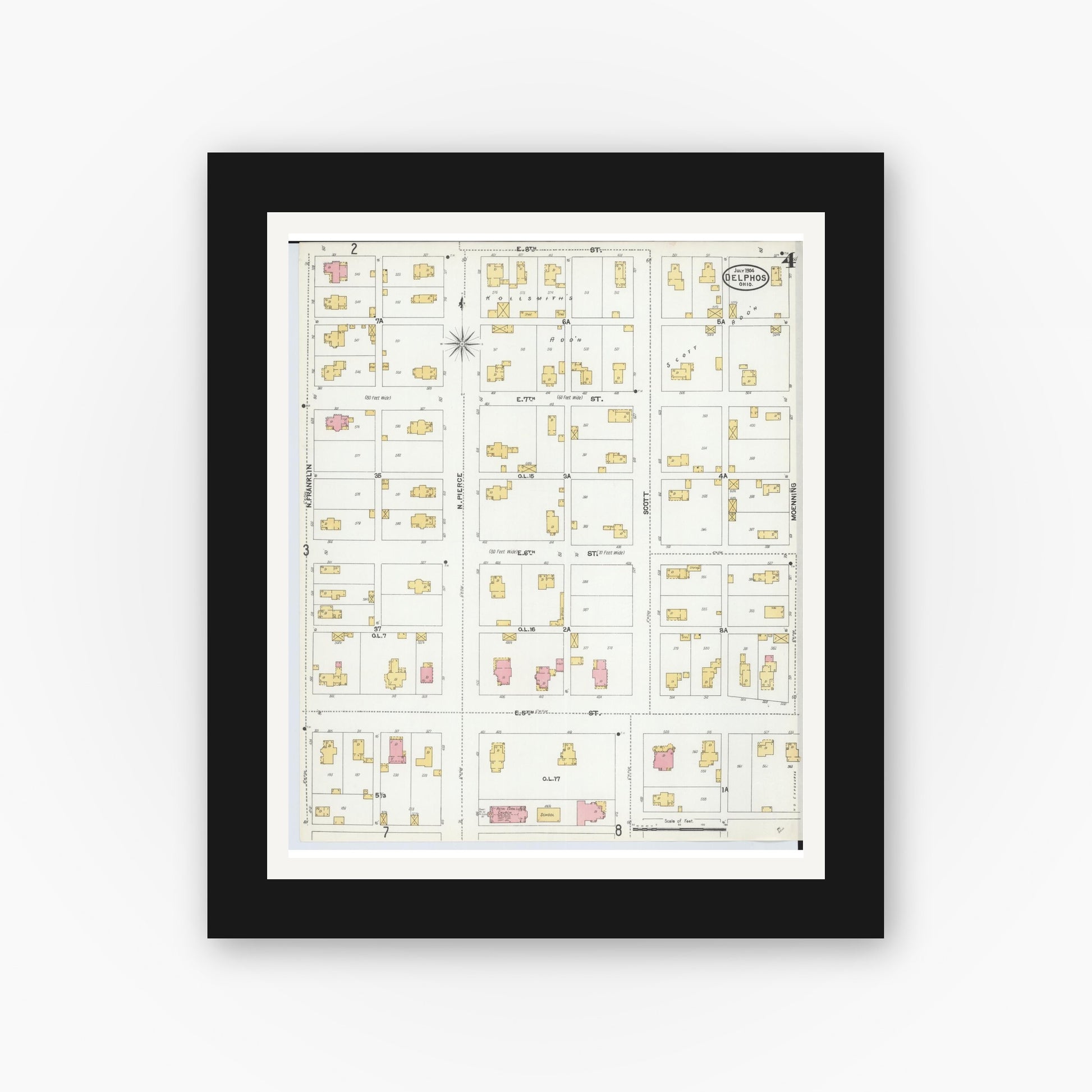 Old map wall art mockup — black gallery frame with white mat — Sanborn Fire Insurance Map from Delphos, Van Wert And Allen Counties, Ohio (1904), Sheet #0004