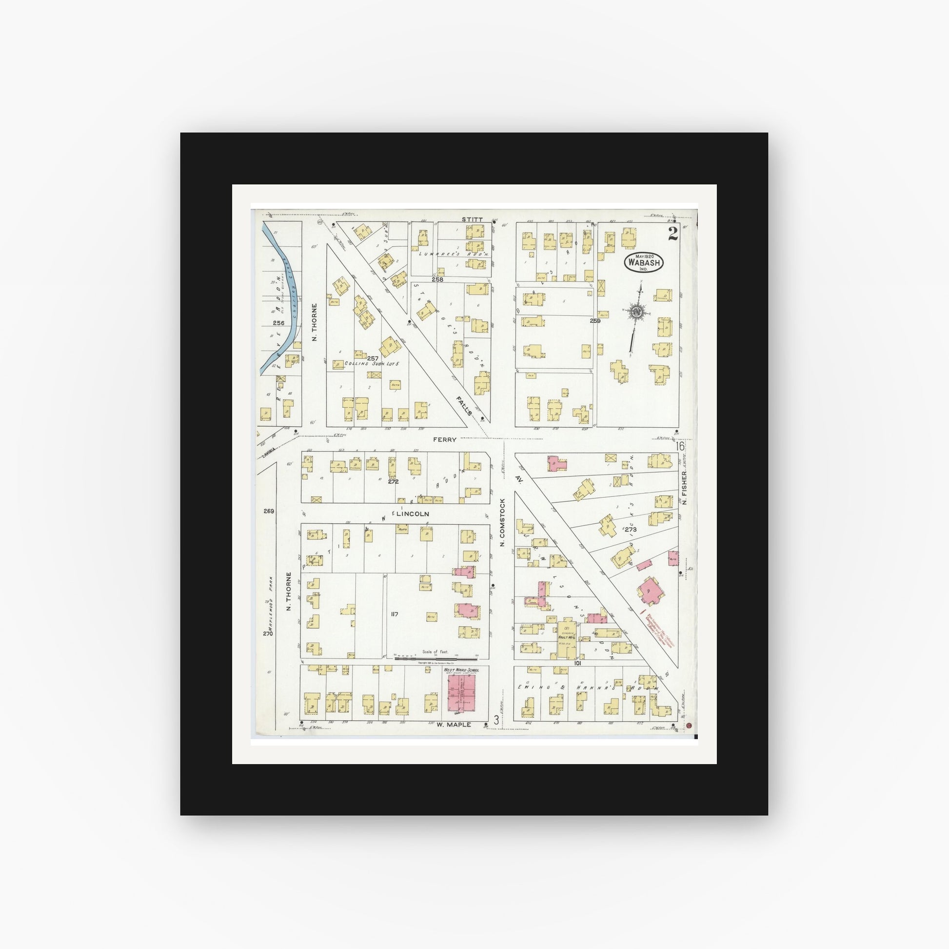 Old map wall art mockup — black gallery frame with white mat — Sanborn Fire Insurance Map from Wabash, Wabash County, Indiana (1920), Sheet #0002