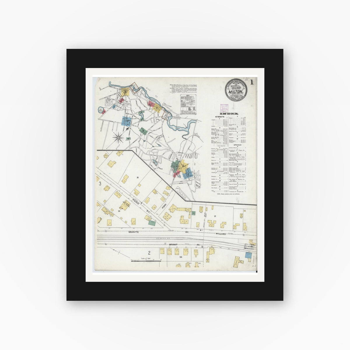 Old map wall art mockup — black gallery frame with white mat — Sanborn Fire Insurance Map from Milton, Norfolk County, Massachusetts (1906) - Complete Map Set