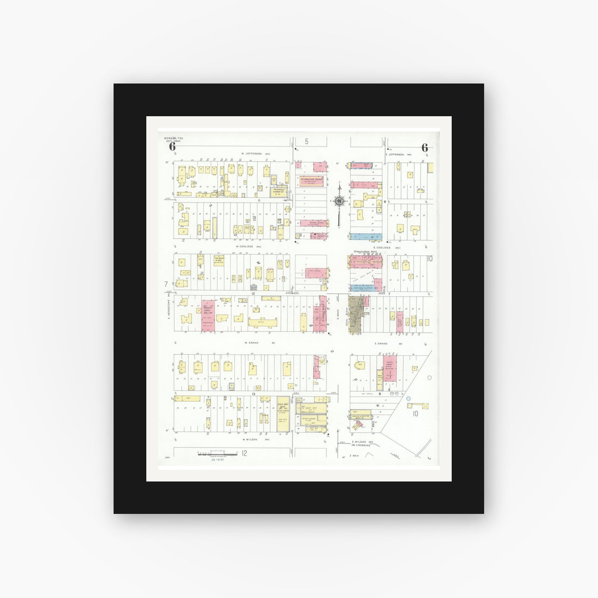 Old map wall art mockup — black gallery frame with white mat — Sanborn Fire Insurance Map from Borger, Hutchinson County, Texas (1940), Sheet #0006