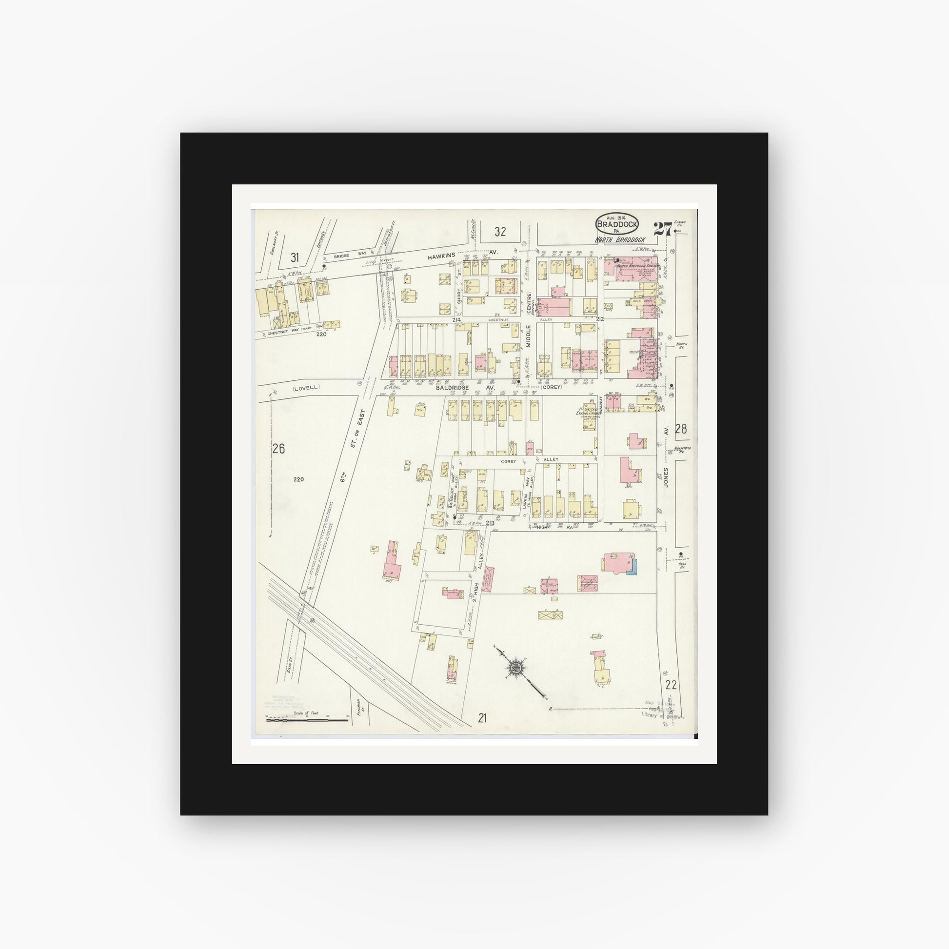 Old map wall art mockup — black gallery frame with white mat — Sanborn Fire Insurance Map from Braddock, Allegheny County, Pennsylvania (1914), Sheet #0027