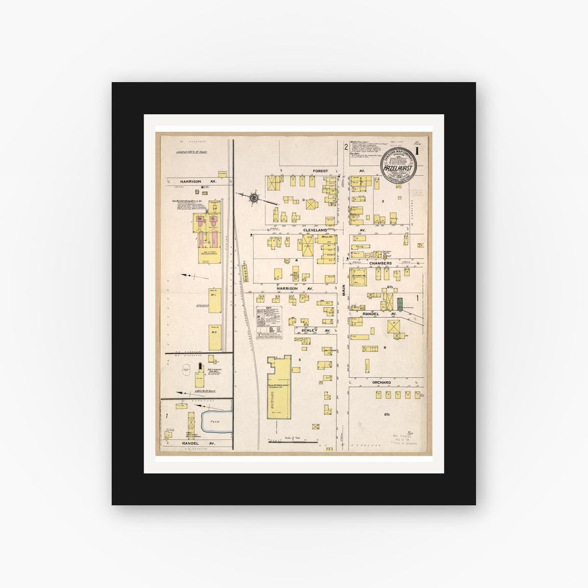 Old map wall art mockup — black gallery frame with white mat — Sanborn Fire Insurance Map from Hazelhurst, McKean County, Pennsylvania (1909), Sheet #0001