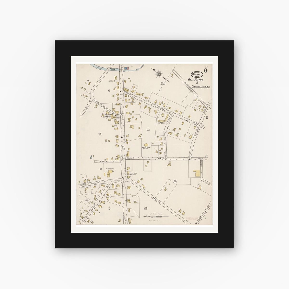Old map wall art mockup — black gallery frame with white mat — Sanborn Fire Insurance Map from Medway, Norfolk County, Massachusetts (1922), Sheet #0006