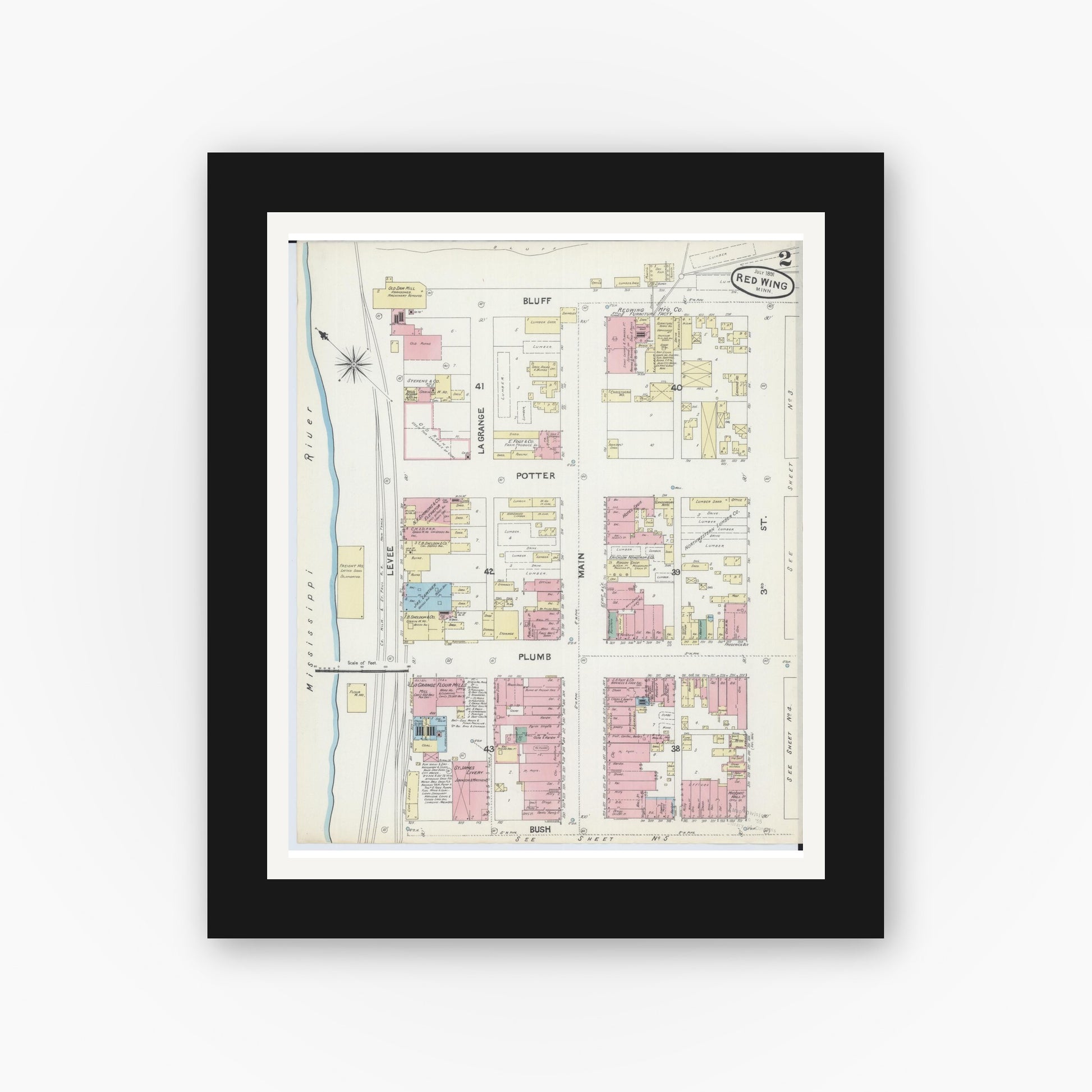 Old map wall art mockup — black gallery frame with white mat — Sanborn Fire Insurance Map from Red Wing, Goodhue County, Minnesota (1891), Sheet #0002