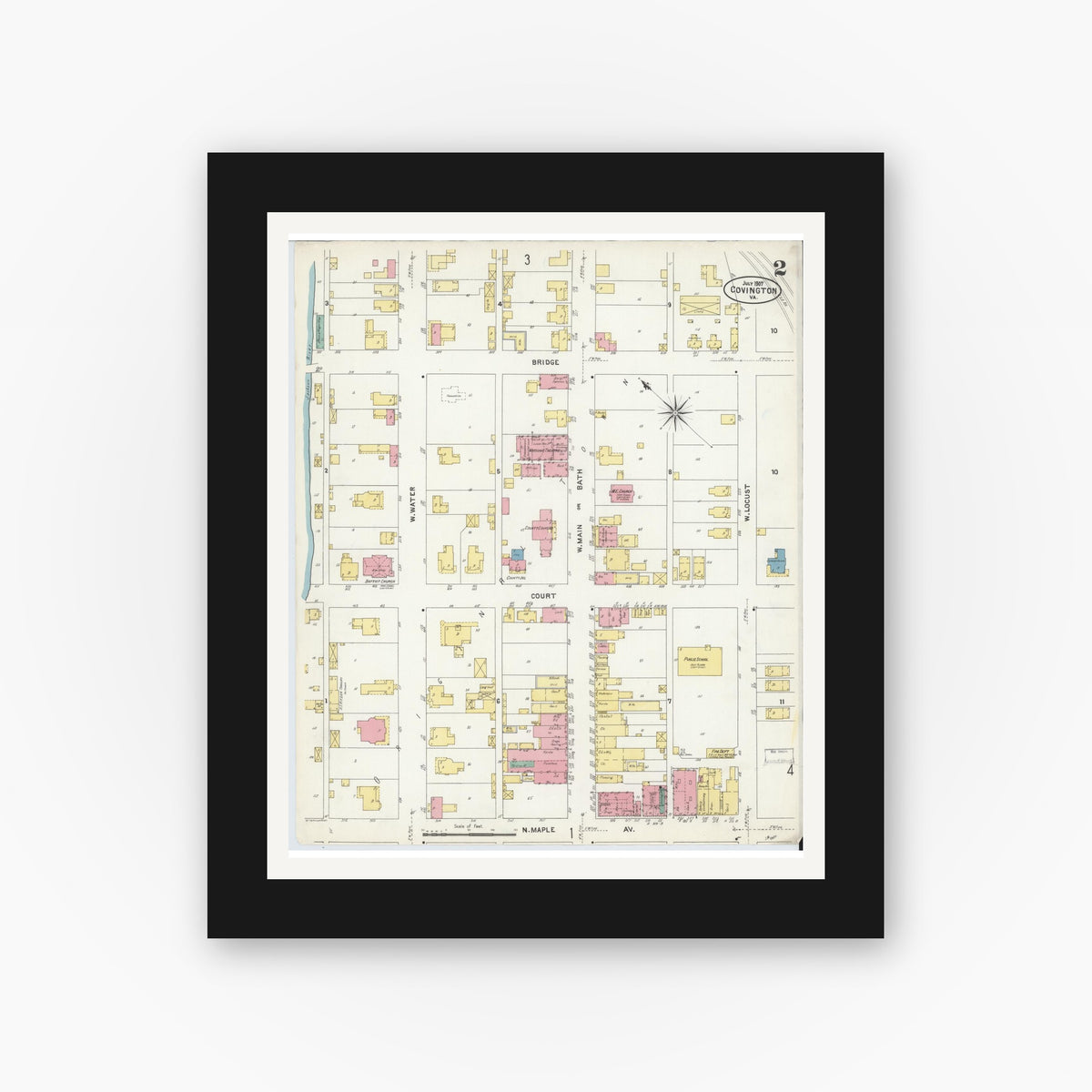 Old map wall art mockup — black gallery frame with white mat — Sanborn Fire Insurance Map from Covington, Independent Cities, Virginia (1907), Sheet #0002