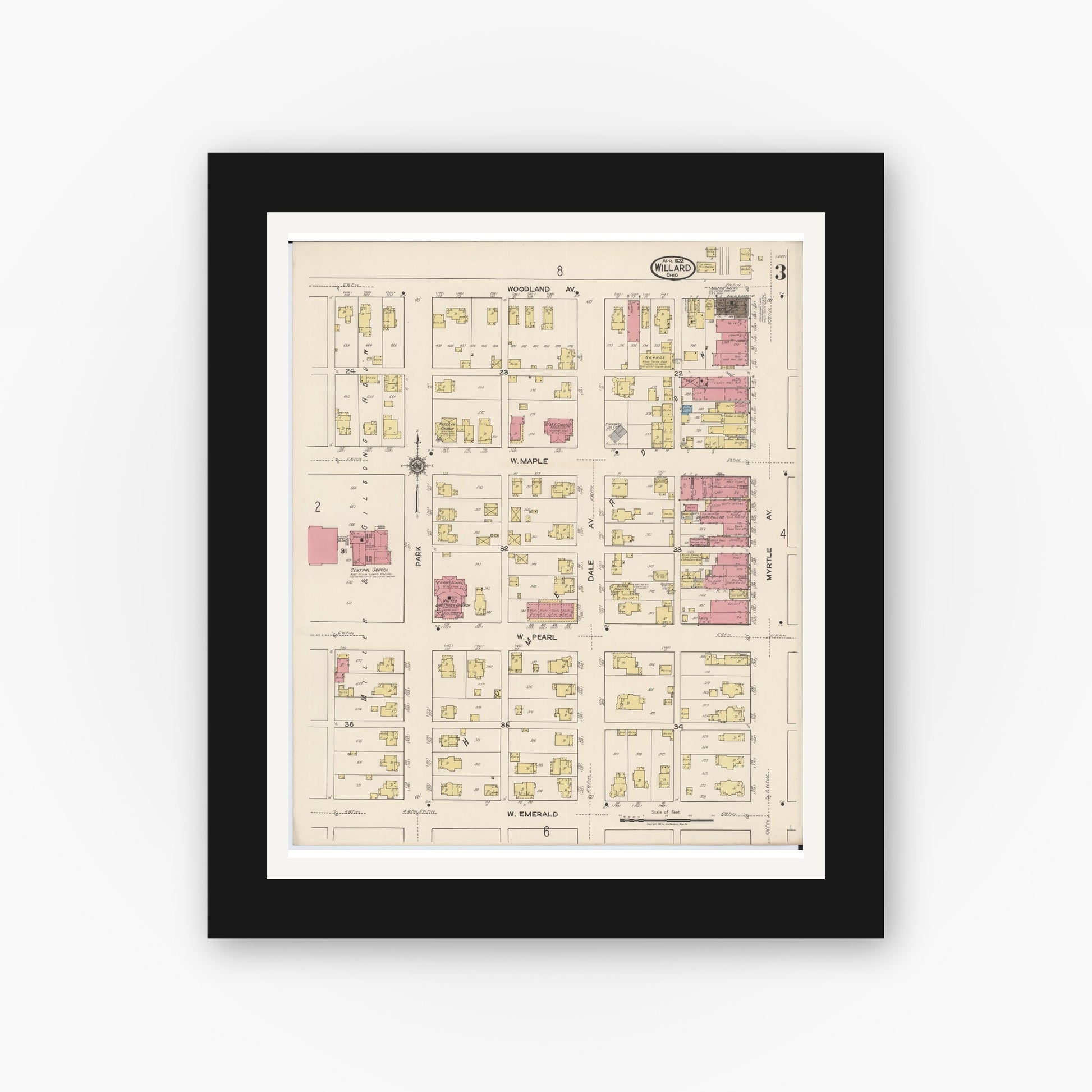 Old map wall art mockup — black gallery frame with white mat — Sanborn Fire Insurance Map from Willard, Huron County, Ohio (1922), Sheet #0003