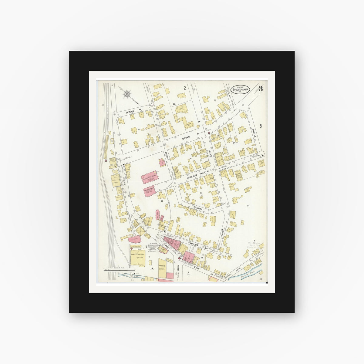 Old map wall art mockup — black gallery frame with white mat — Sanborn Fire Insurance Map from Susquehanna, Susquehanna County, Pennsylvania (1911), Sheet #0003