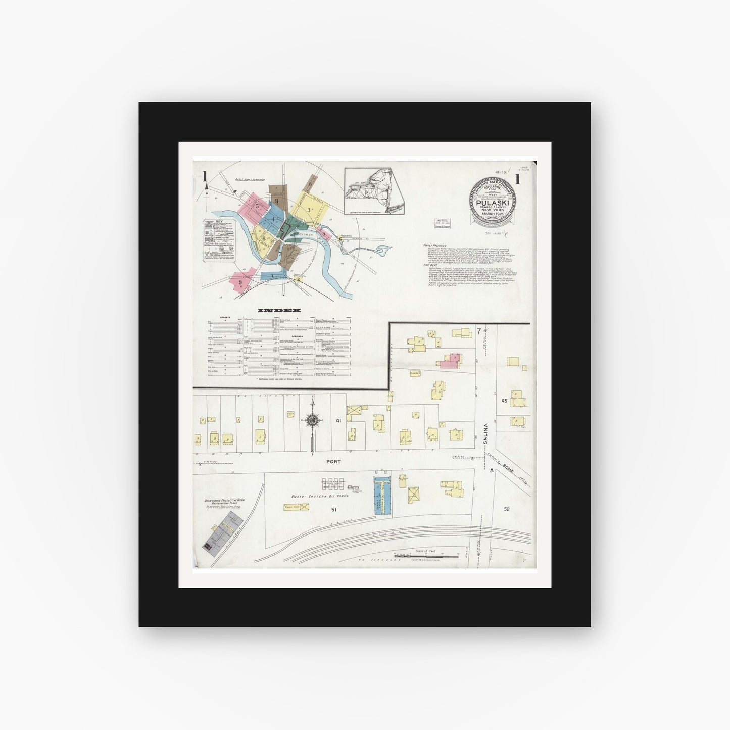 Old map wall art mockup — black gallery frame with white mat — Sanborn Fire Insurance Map from Pulaski, Oswego County, New York (1925) - Complete Map Set