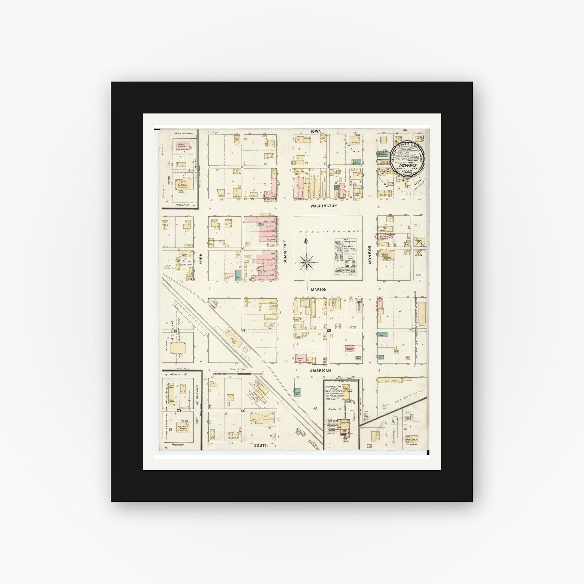 Old map wall art mockup — black gallery frame with white mat — Sanborn Fire Insurance Map from Monroe, Jasper County, Iowa (1895), Sheet #0001