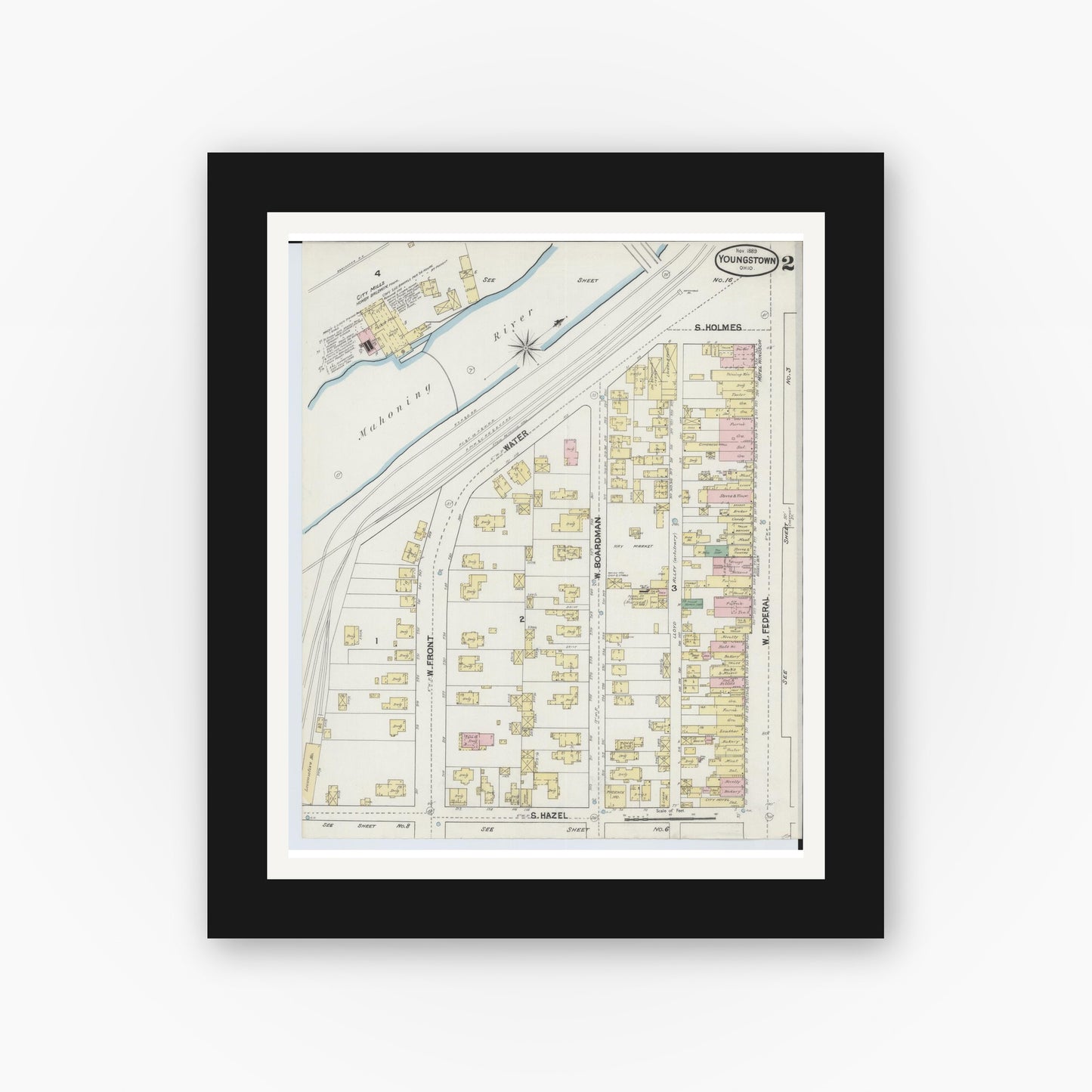 Old map wall art mockup — black gallery frame with white mat — Sanborn Fire Insurance Map from Youngstown, Mahoning County, Ohio (1889), Sheet #0002