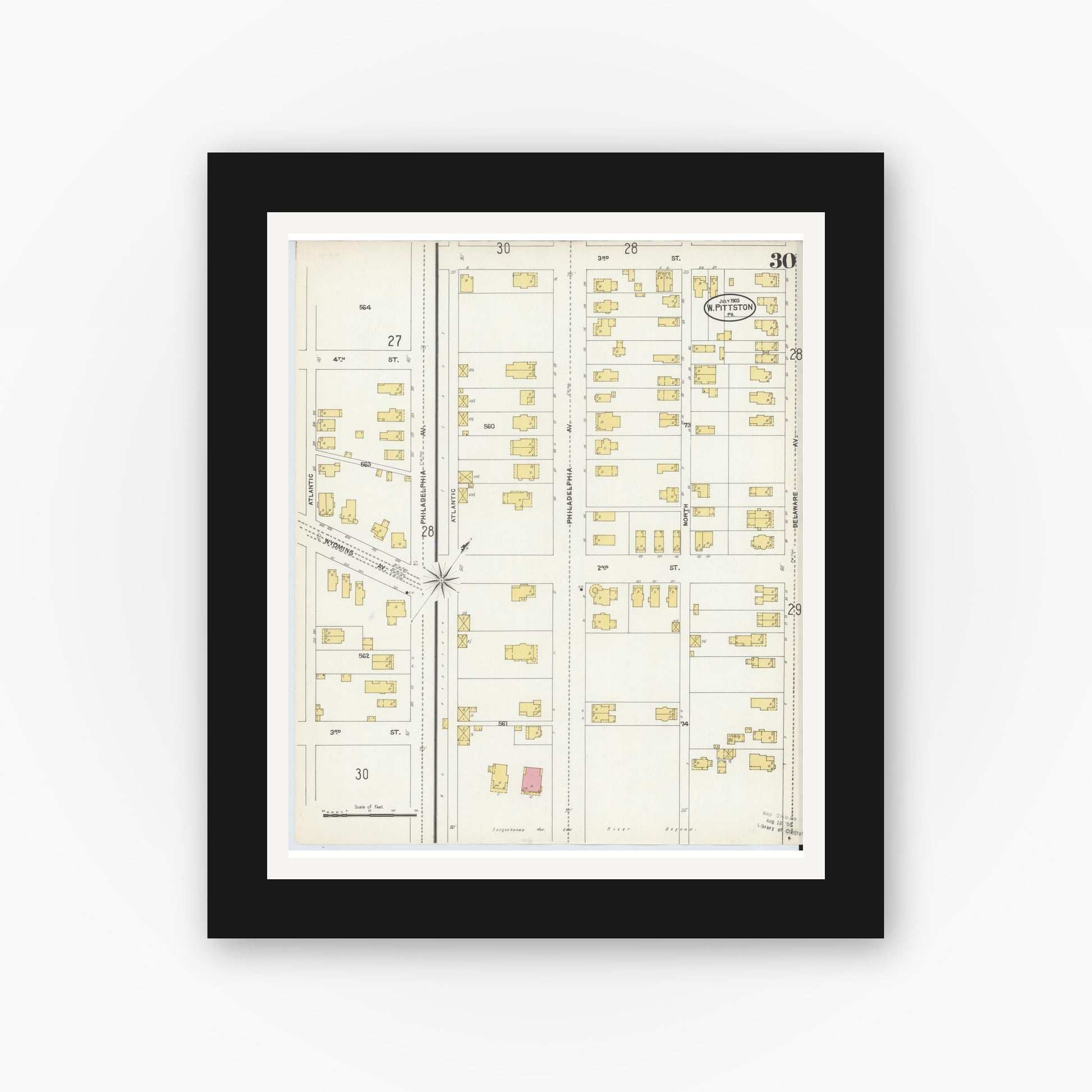 Old map wall art mockup — black gallery frame with white mat — Sanborn Fire Insurance Map from Pittston, Luzerne County, Pennsylvania (1903), Sheet #0030