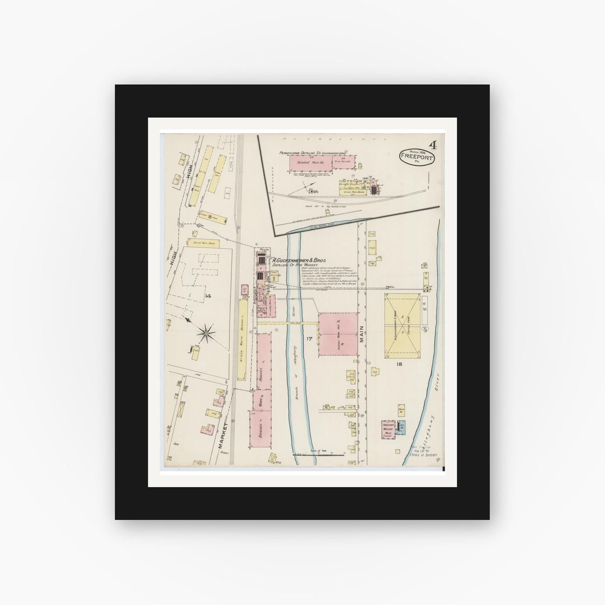Old map wall art mockup — black gallery frame with white mat — Sanborn Fire Insurance Map from Freeport, Armstrong County, Pennsylvania (1886), Sheet #0004