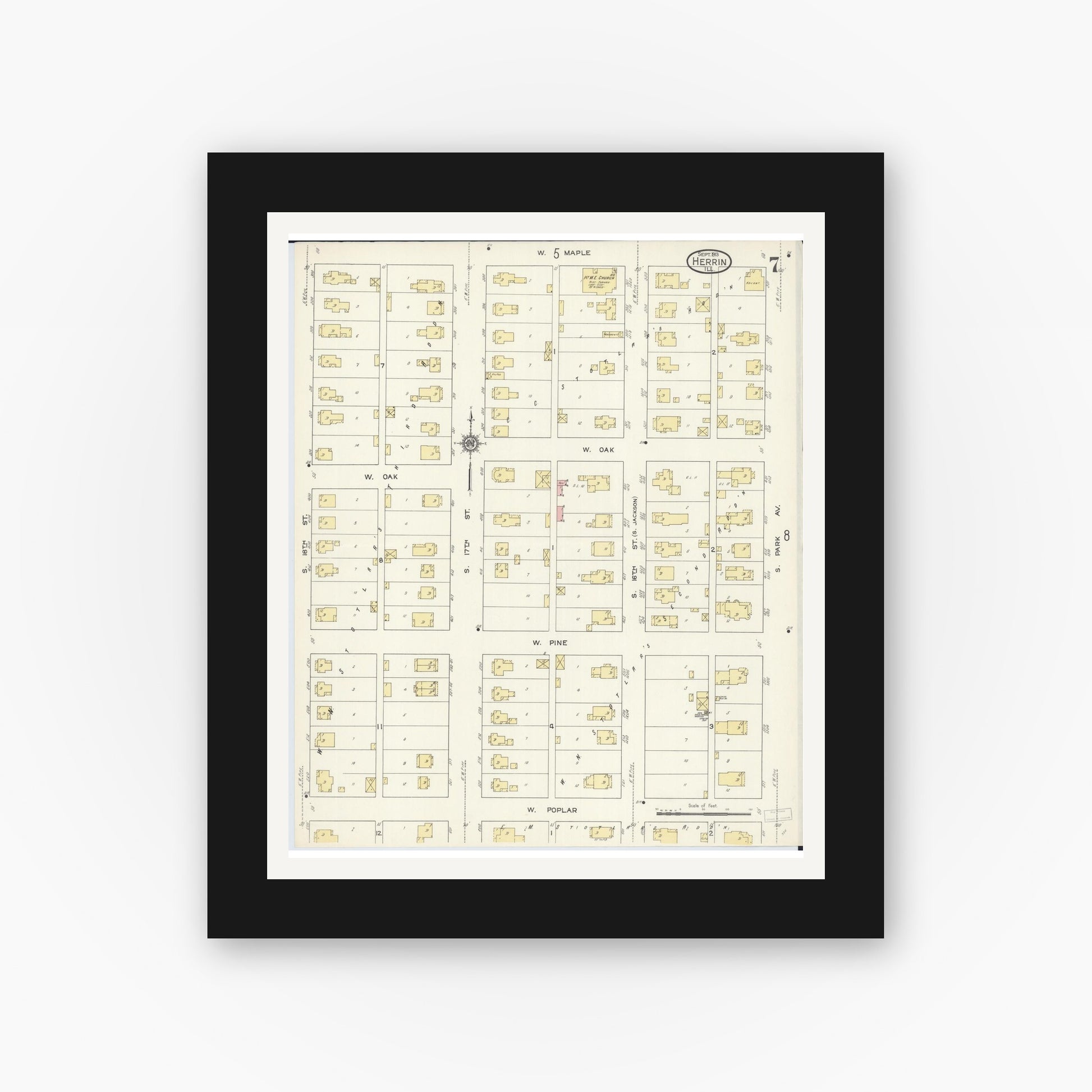 Old map wall art mockup — black gallery frame with white mat — Sanborn Fire Insurance Map from Herrin, Williamson County, Illinois (1913), Sheet #0007