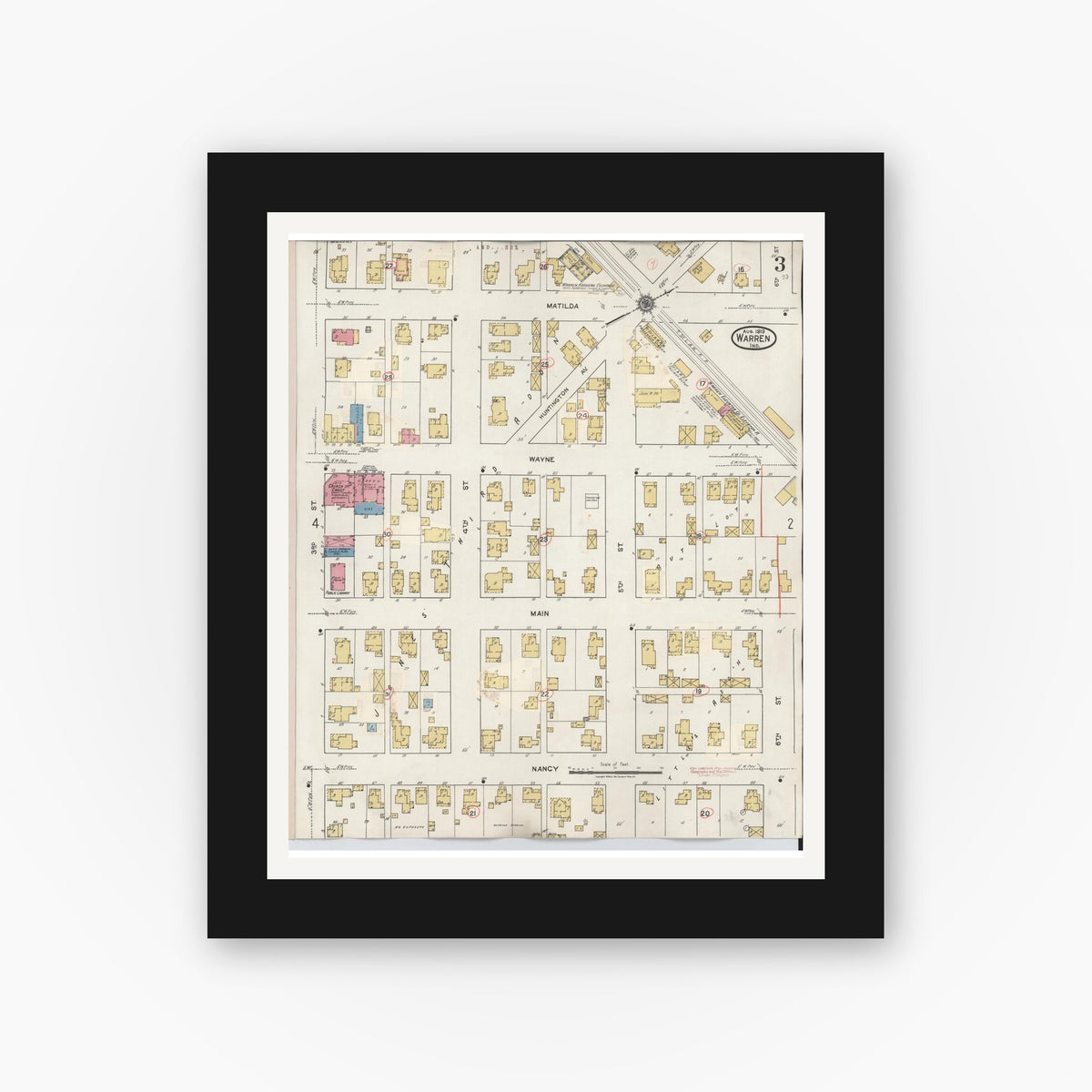 Old map wall art mockup — black gallery frame with white mat — Sanborn Fire Insurance Map from Warren, Huntington County, Indiana (1932), Sheet #0003