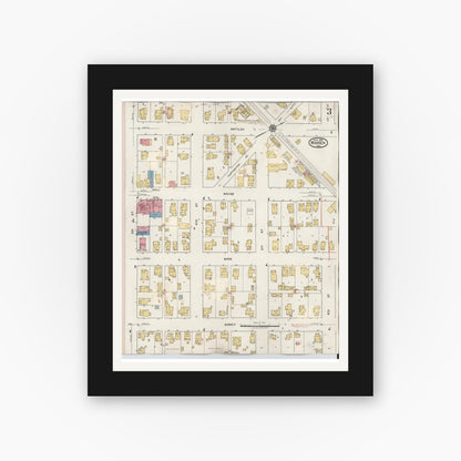 Old map wall art mockup — black gallery frame with white mat — Sanborn Fire Insurance Map from Warren, Huntington County, Indiana (1932), Sheet #0003