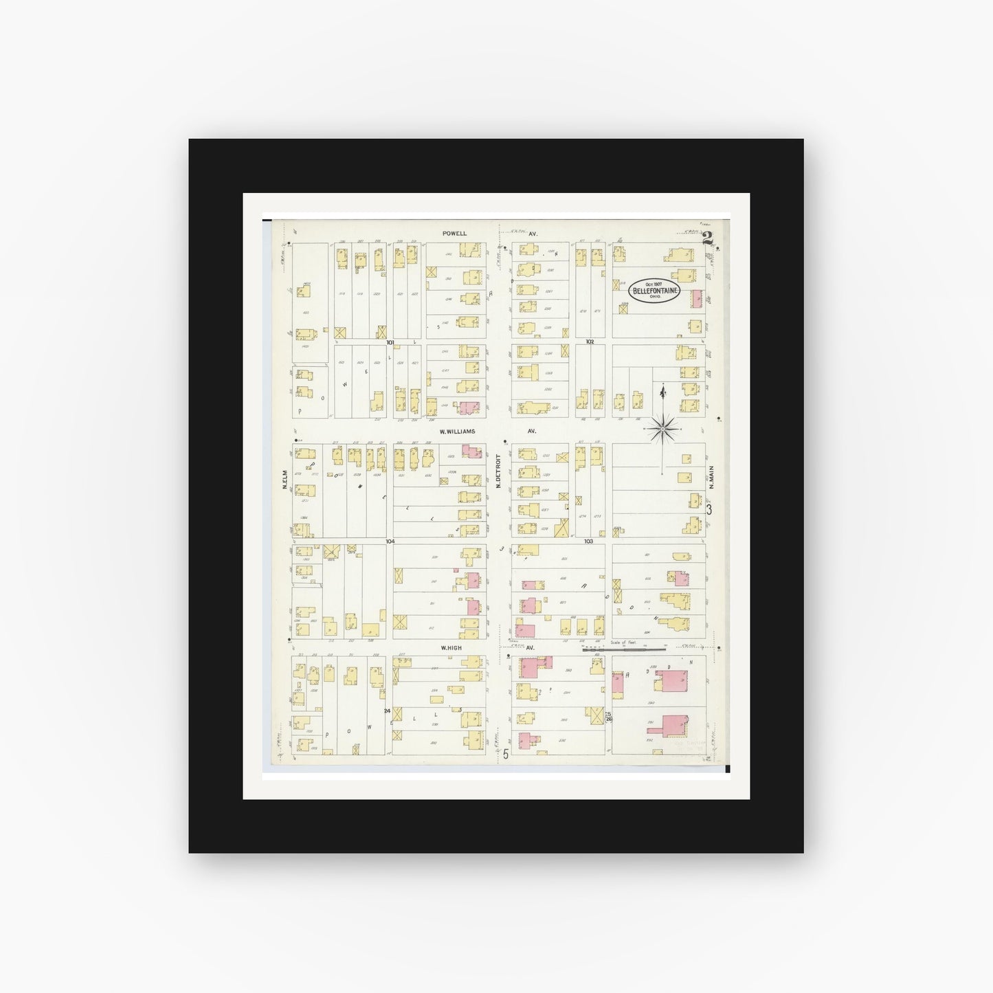 Old map wall art mockup — black gallery frame with white mat — Sanborn Fire Insurance Map from Bellefontaine, Logan County, Ohio (1907), Sheet #0002