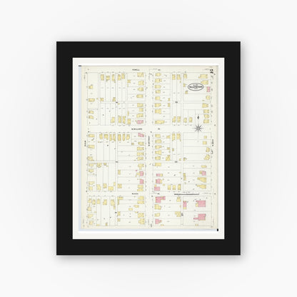 Old map wall art mockup — black gallery frame with white mat — Sanborn Fire Insurance Map from Bellefontaine, Logan County, Ohio (1907), Sheet #0002