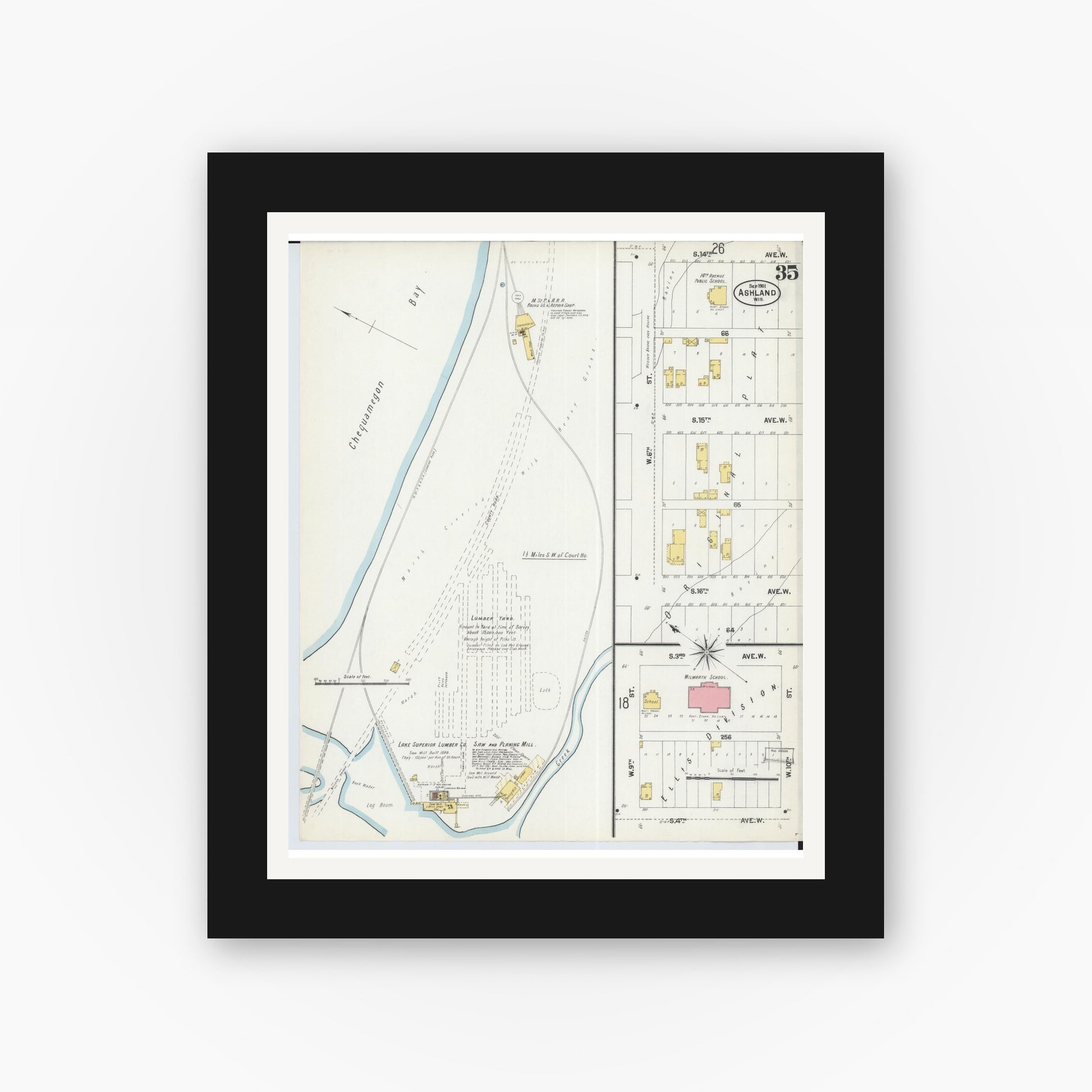 Old map wall art mockup — black gallery frame with white mat — Sanborn Fire Insurance Map from Ashland, Ashland County, Wisconsin (1901), Sheet #0035