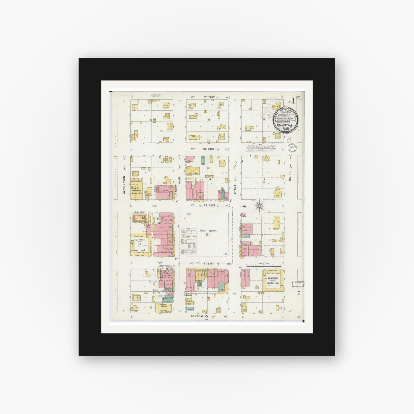 Old map wall art mockup — black gallery frame with white mat — Sanborn Fire Insurance Map from Unionville, Putnam County, Missouri (1898) - Complete Map Set