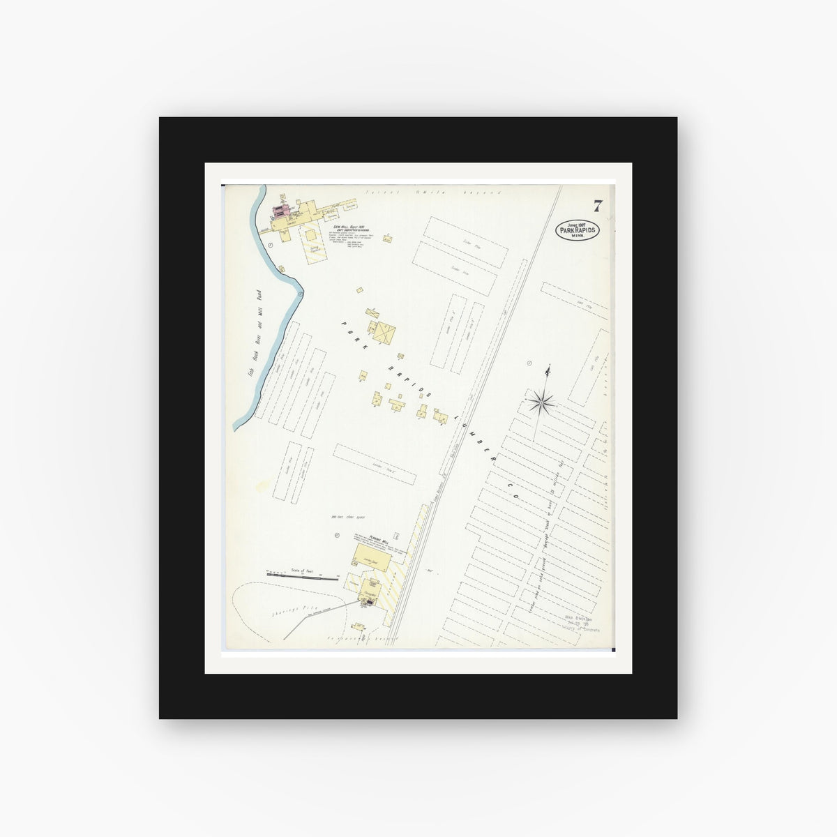 Old map wall art mockup — black gallery frame with white mat — Sanborn Fire Insurance Map from Park Rapids, Hubbard County, Minnesota (1907), Sheet #0007