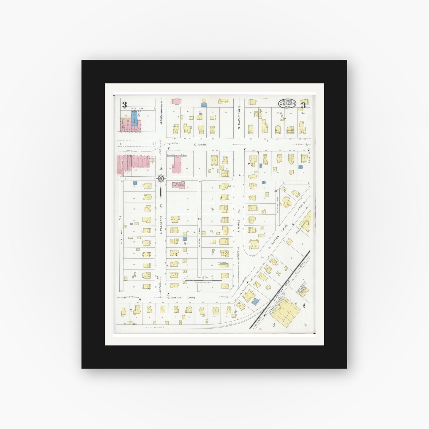 Old map wall art mockup — black gallery frame with white mat — Sanborn Fire Insurance Map from Osborn, Greene County, Ohio (1929), Sheet #0003