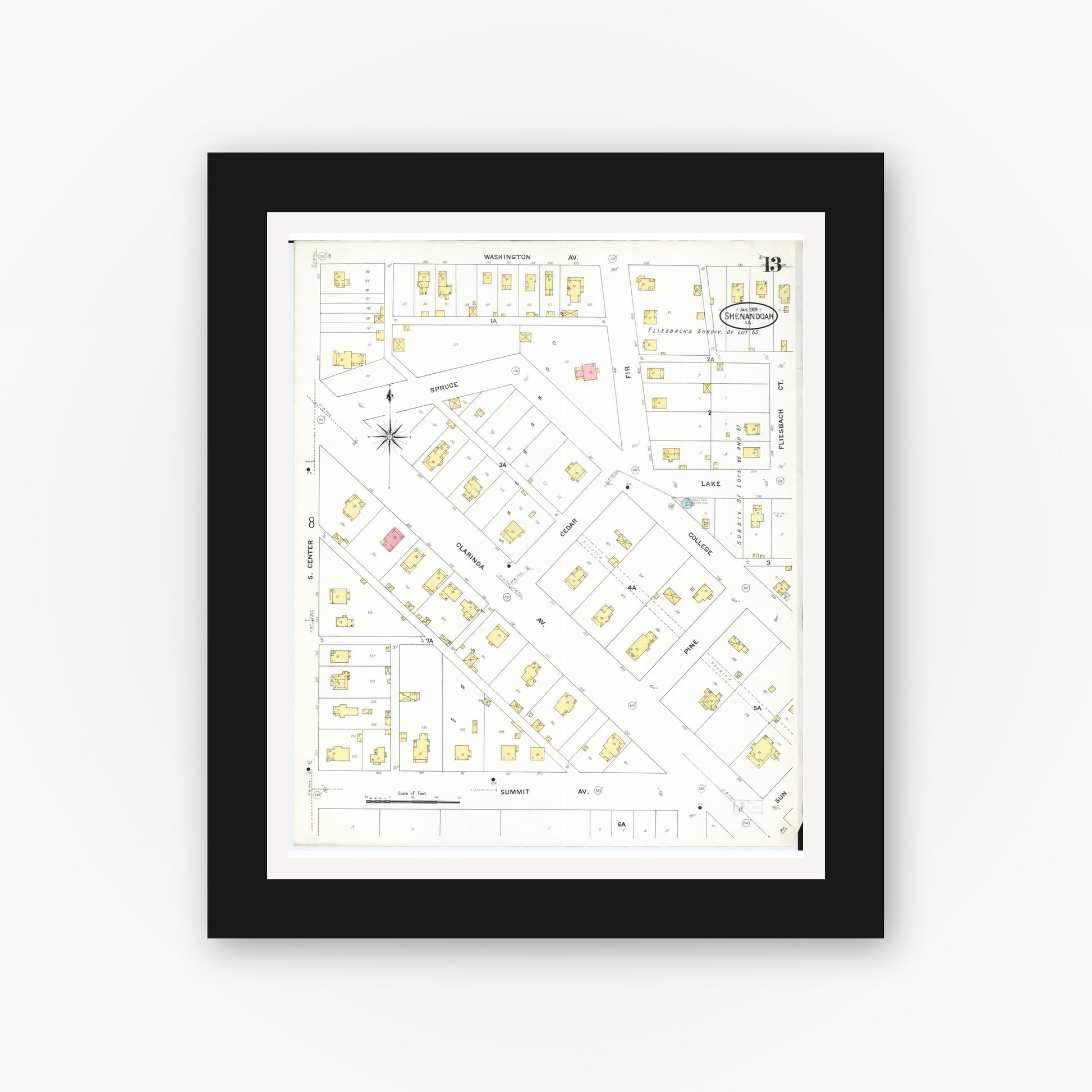 Old map wall art mockup — black gallery frame with white mat — Sanborn Fire Insurance Map from Shenandoah, Page County, Iowa (1909), Sheet #0013