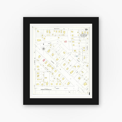 Old map wall art mockup — black gallery frame with white mat — Sanborn Fire Insurance Map from Shenandoah, Page County, Iowa (1909), Sheet #0013