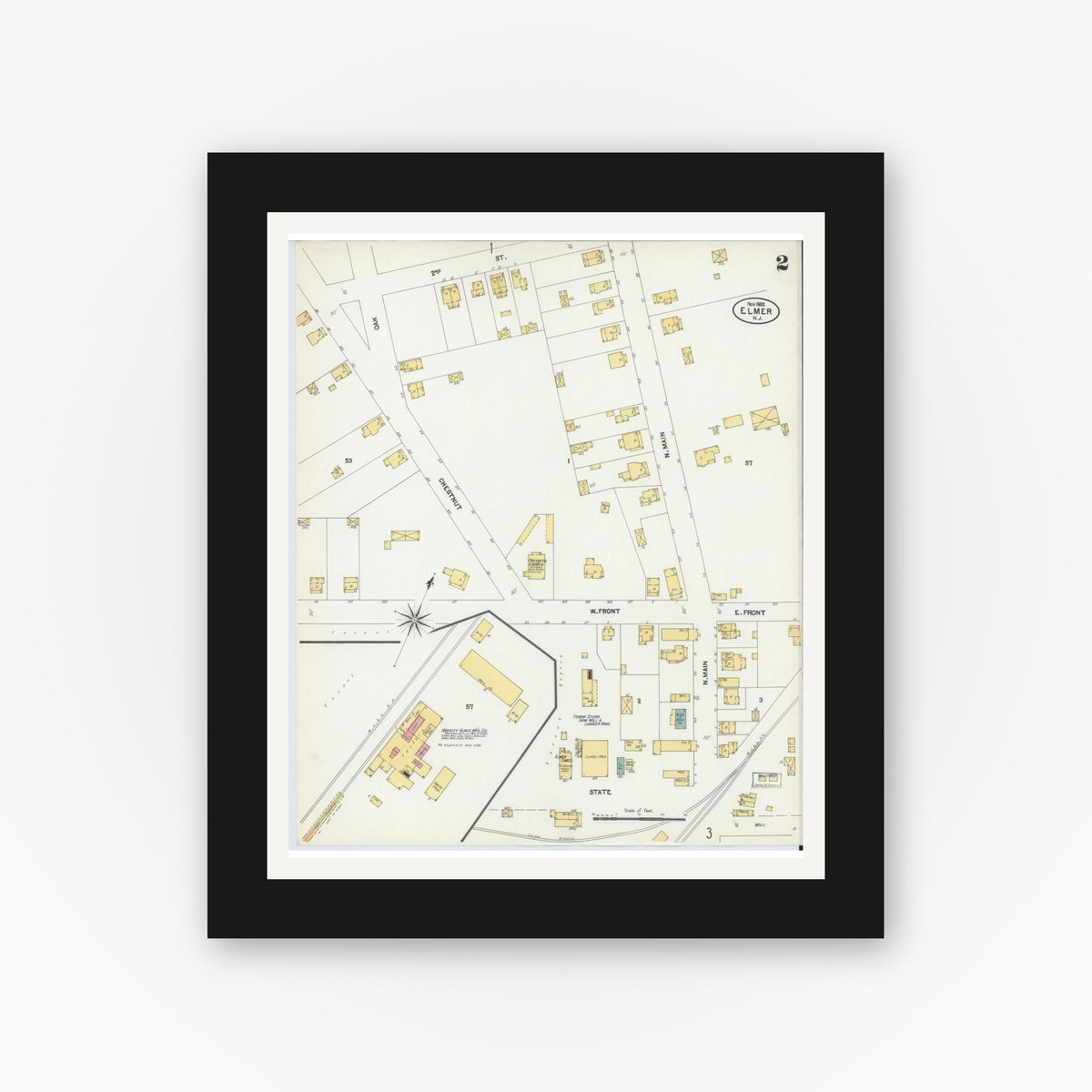Old map wall art mockup — black gallery frame with white mat — Sanborn Fire Insurance Map from Elmer, Salem County, New Jersey (1902), Sheet #0002