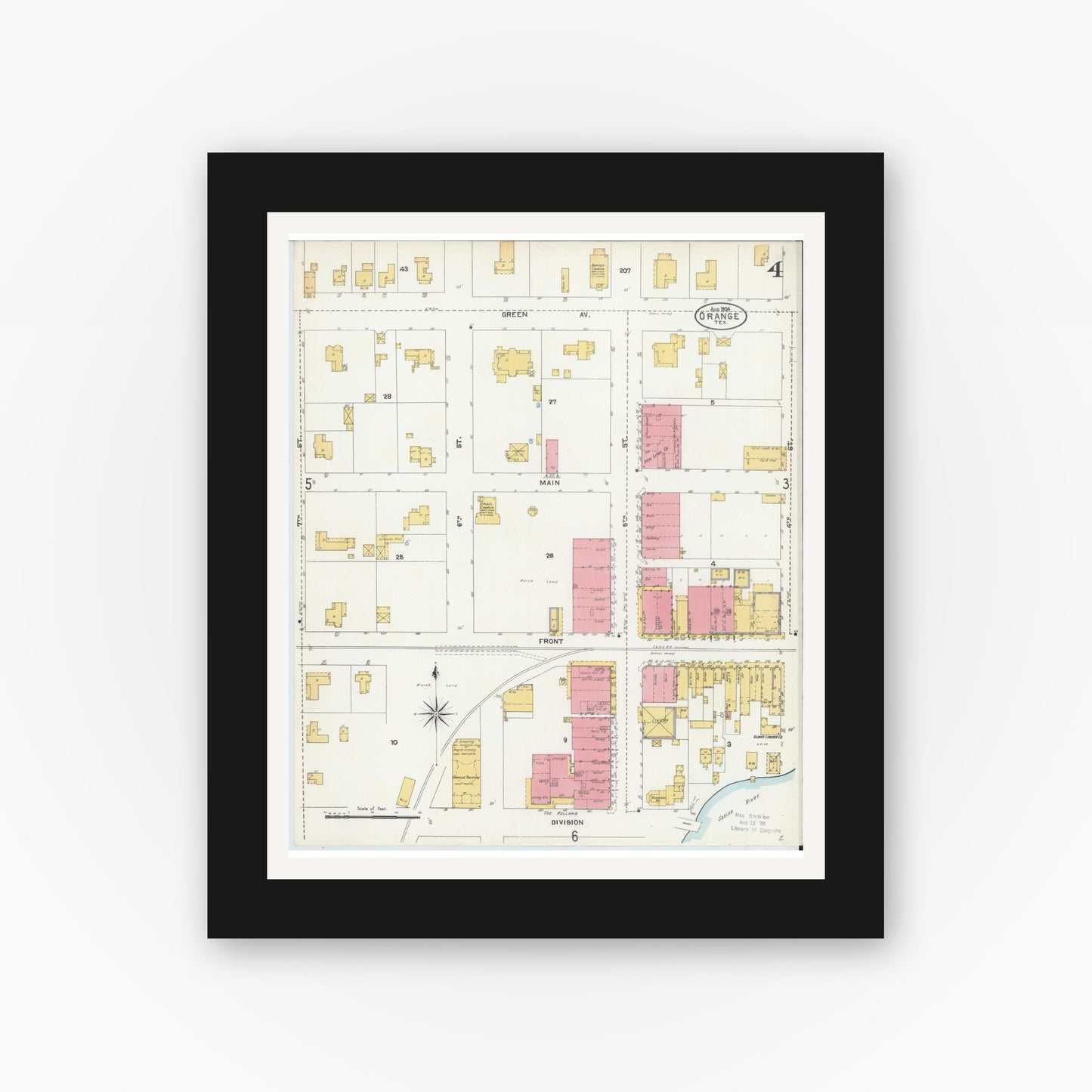 Old map wall art mockup — black gallery frame with white mat — Sanborn Fire Insurance Map from Orange, Orange County, Texas (1904), Sheet #0004