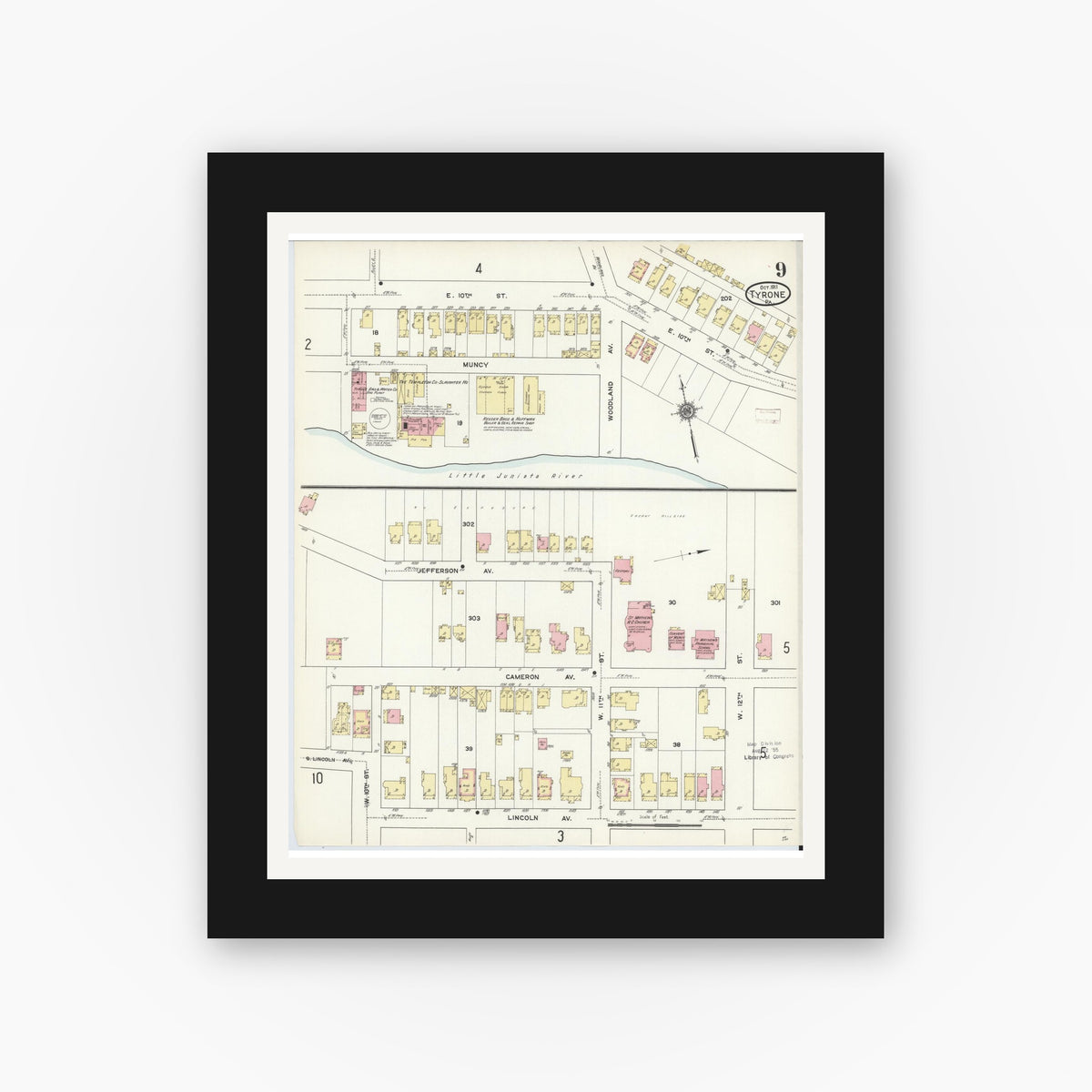 Old map wall art mockup — black gallery frame with white mat — Sanborn Fire Insurance Map from Tyrone, Blair County, Pennsylvania (1911), Sheet #0009