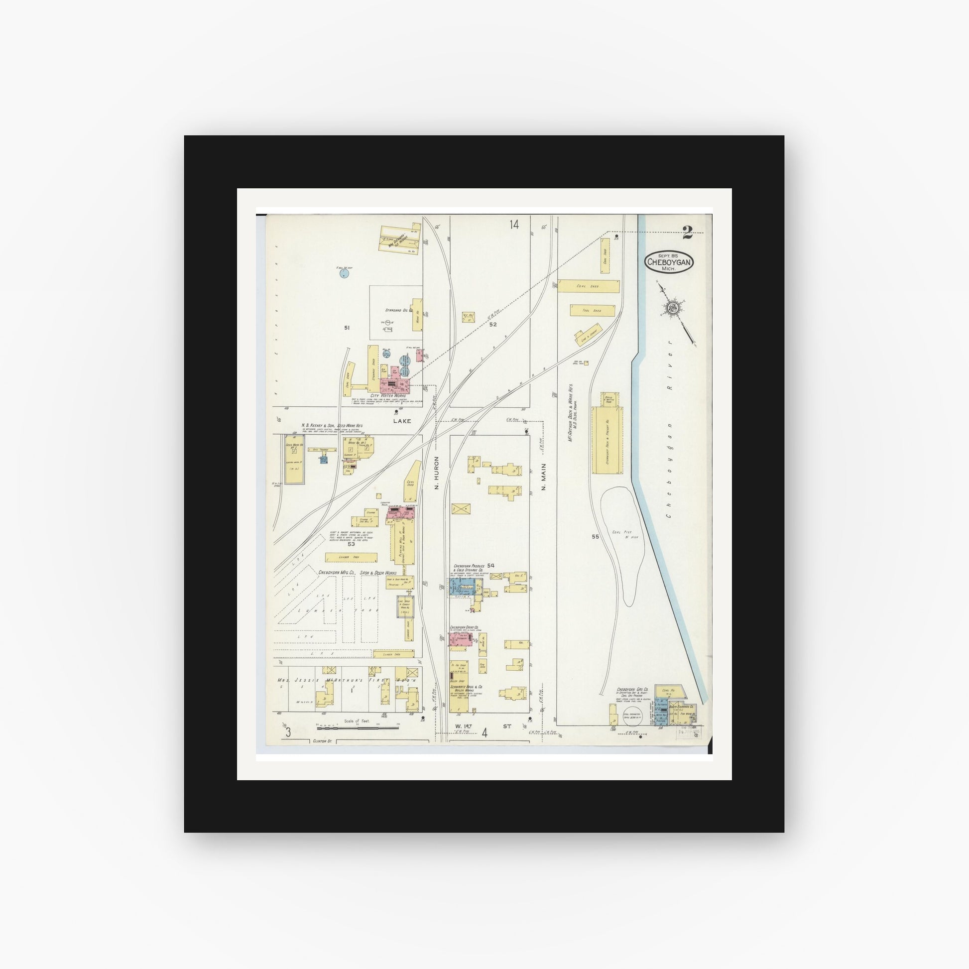 Old map wall art mockup — black gallery frame with white mat — Sanborn Fire Insurance Map from Cheboygan, Cheboygan County, Michigan (1915), Sheet #0002