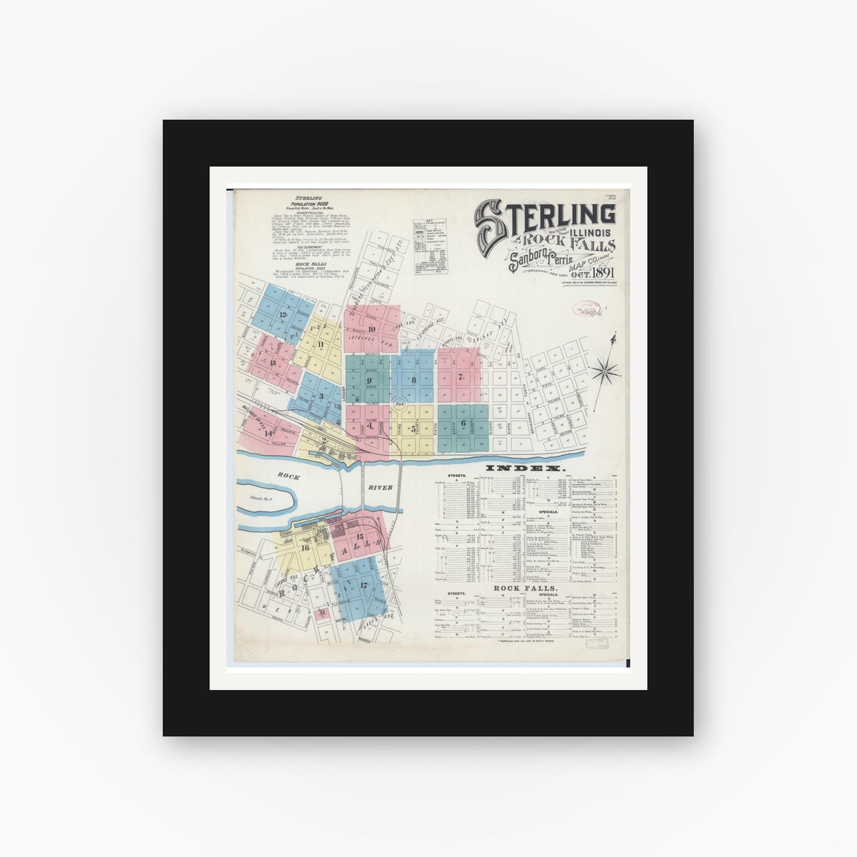 Old map wall art mockup — black gallery frame with white mat — Sanborn Fire Insurance Map from Sterling, Whiteside County, Illinois (1891) - Complete Map Set