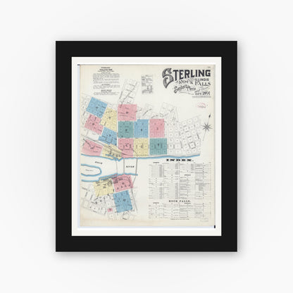 Old map wall art mockup — black gallery frame with white mat — Sanborn Fire Insurance Map from Sterling, Whiteside County, Illinois (1891) - Complete Map Set