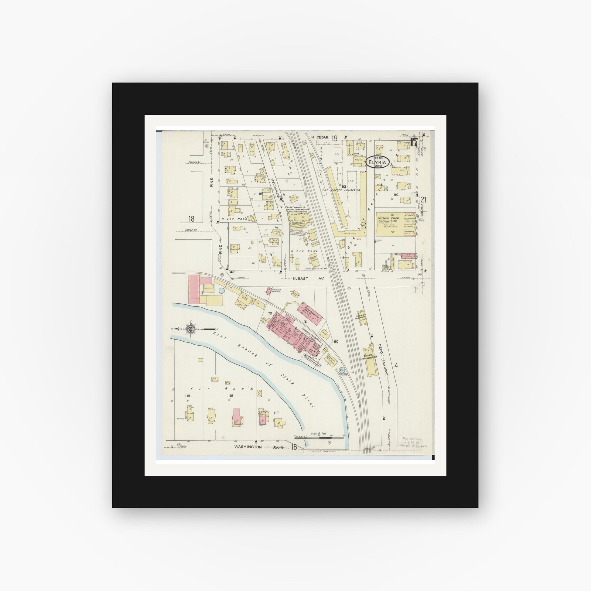 Old map wall art mockup — black gallery frame with white mat — Sanborn Fire Insurance Map from Elyria, Lorain County, Ohio (1915), Sheet #0017